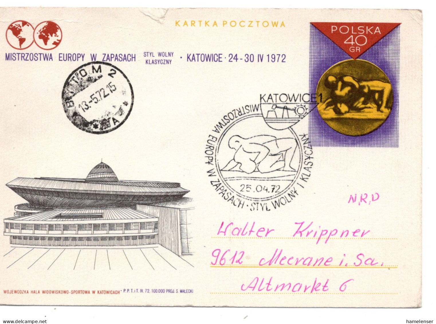 63889 - Polen - 1972 - 40gr GASoKte "Ringkampf-EM" SoStpl KATOWICE - ... -> BYTOM -> DDR - Lotta