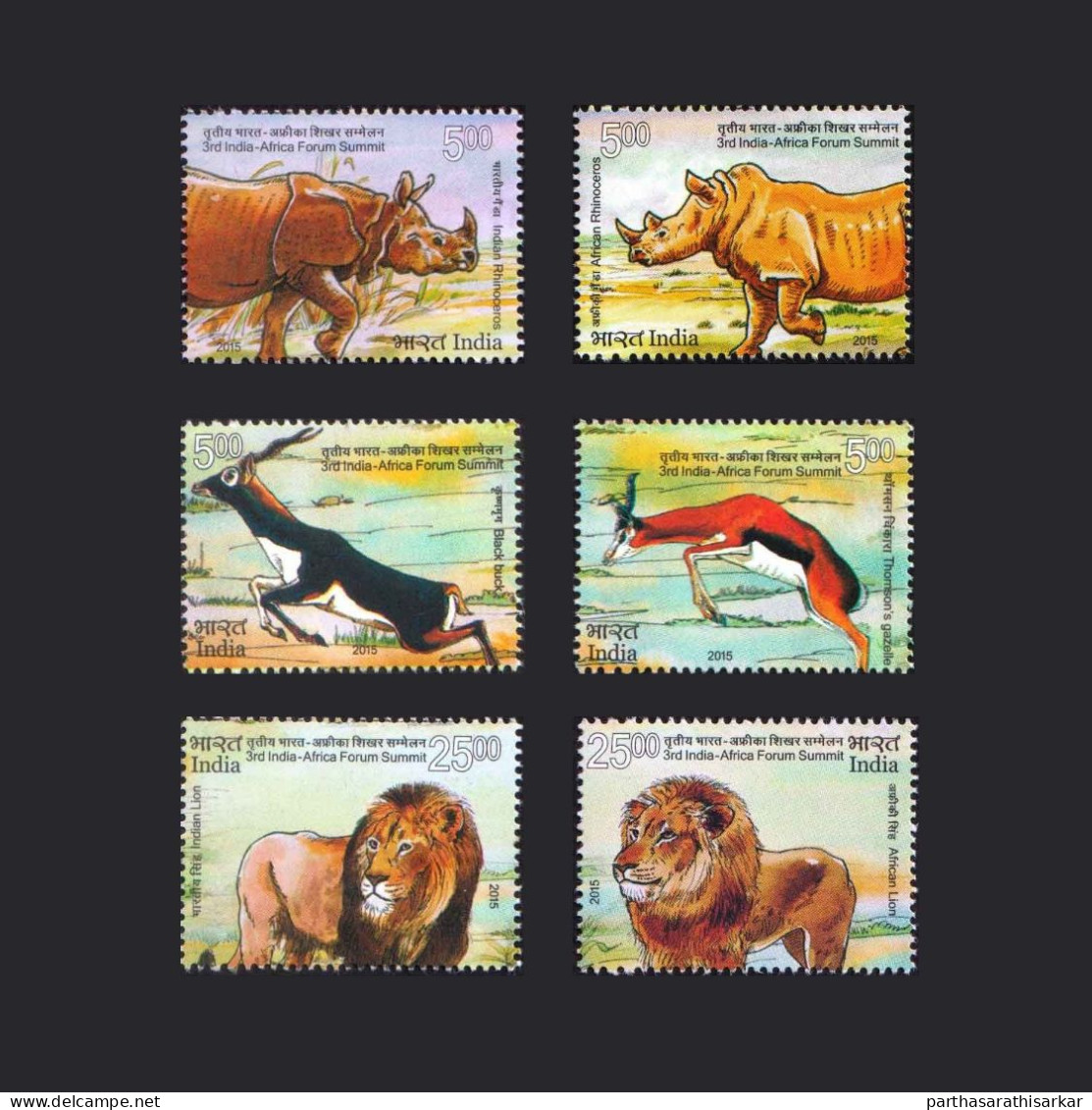 INDIA 2015 3RD INDIA-AFRICA FORUM SUMMIT FAUNA ANIMALS COMPLETE SET OF 6V STAMPS MNH - Unused Stamps