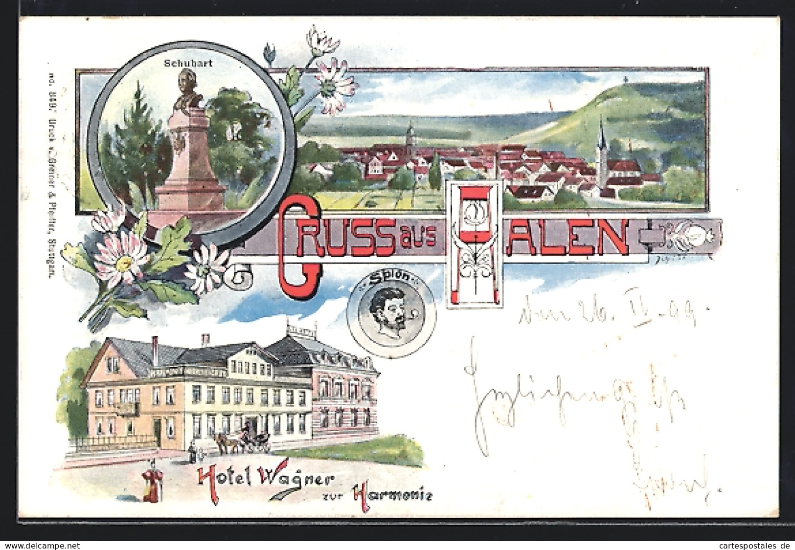 Lithographie Aalen, Hotel Wagner Zur Harmonie, Schubart-Denkmal, Panorama  - Aalen