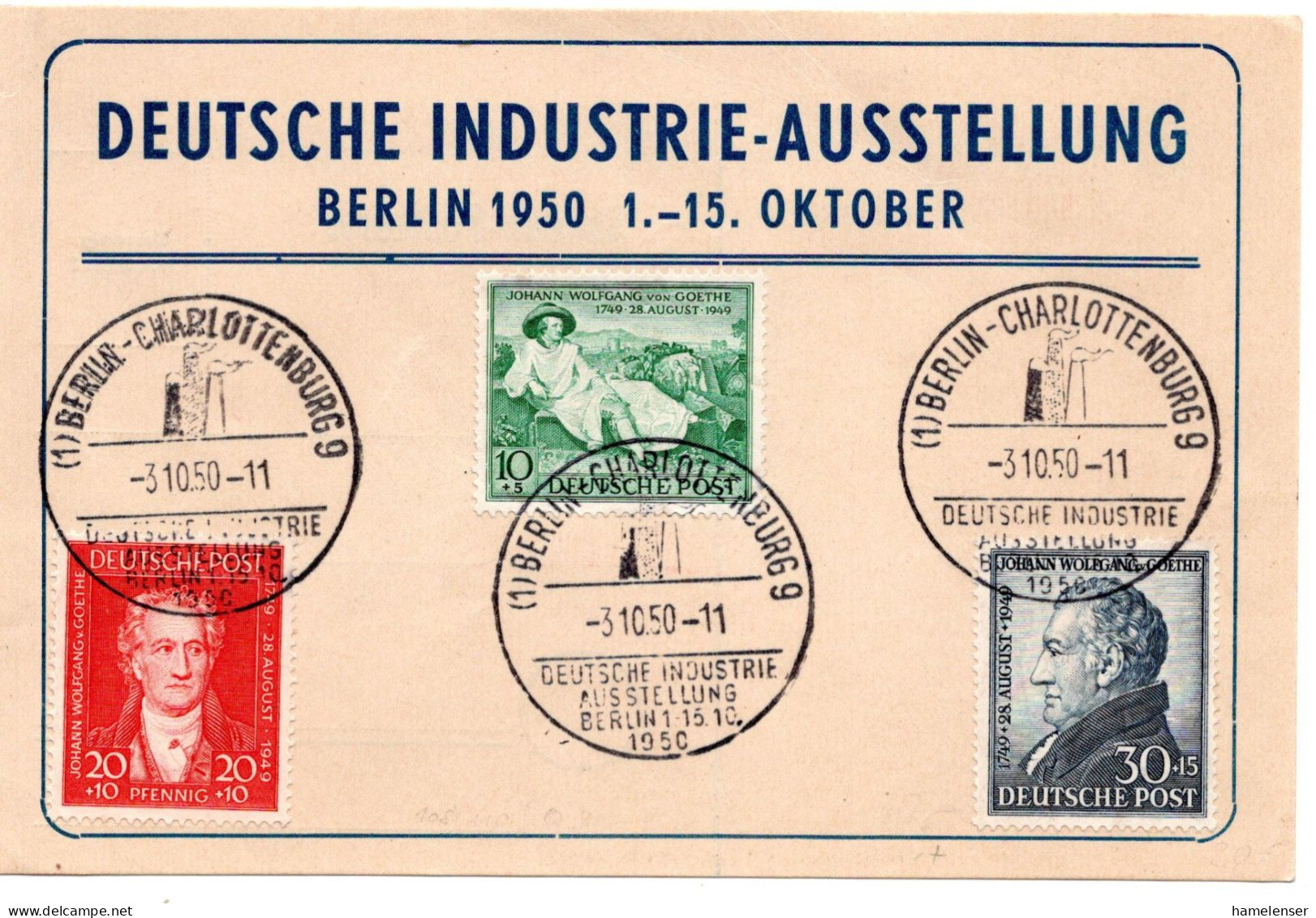 63896 - Bizone - 1950 - Goethe-Satz Kpl A SoKte "Deutsche Industrie-Ausstellung" SoStpl BERLIN - .. INDUSTRIEAUSSTELLUNG - Briefe U. Dokumente