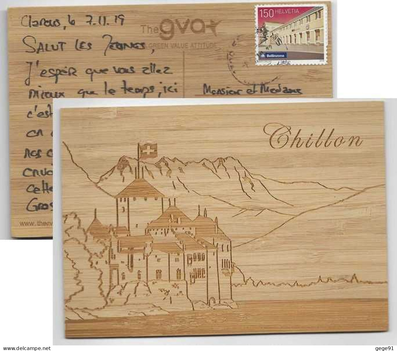 YT 2385 Gare De Bellinzona - Sur Carte Postale En Bois - Chateau De Chillon - Brieven En Documenten