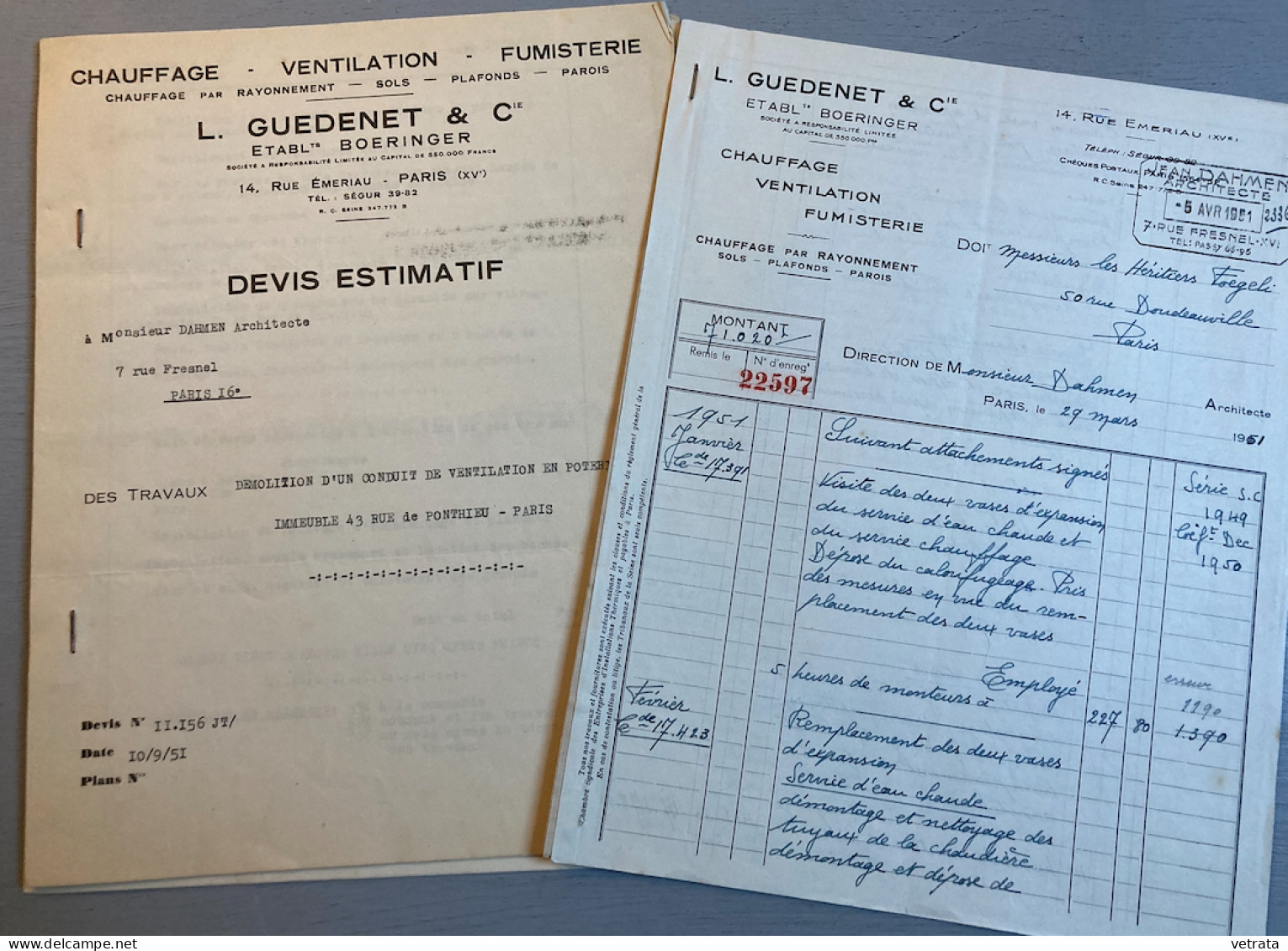 L. Guedenet & Cie - Établissements Boeringer (Chauffage - Ventilation - Fumisterie- Paris 15): 2 Devis (1951 - 8 Feuille - Unclassified