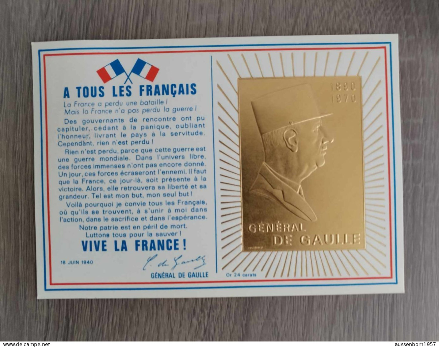 Feuillets Appel Général De Gaulle : Série Complète Des 3 Oblitérations : Image En Or 24 Carats - Bloques Souvenir