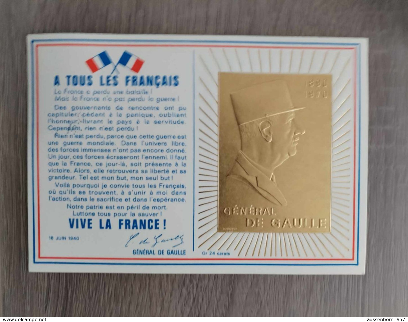 Feuillets Appel Général De Gaulle : Série Complète Des 3 Oblitérations : Image En Or 24 Carats - Bloques Souvenir