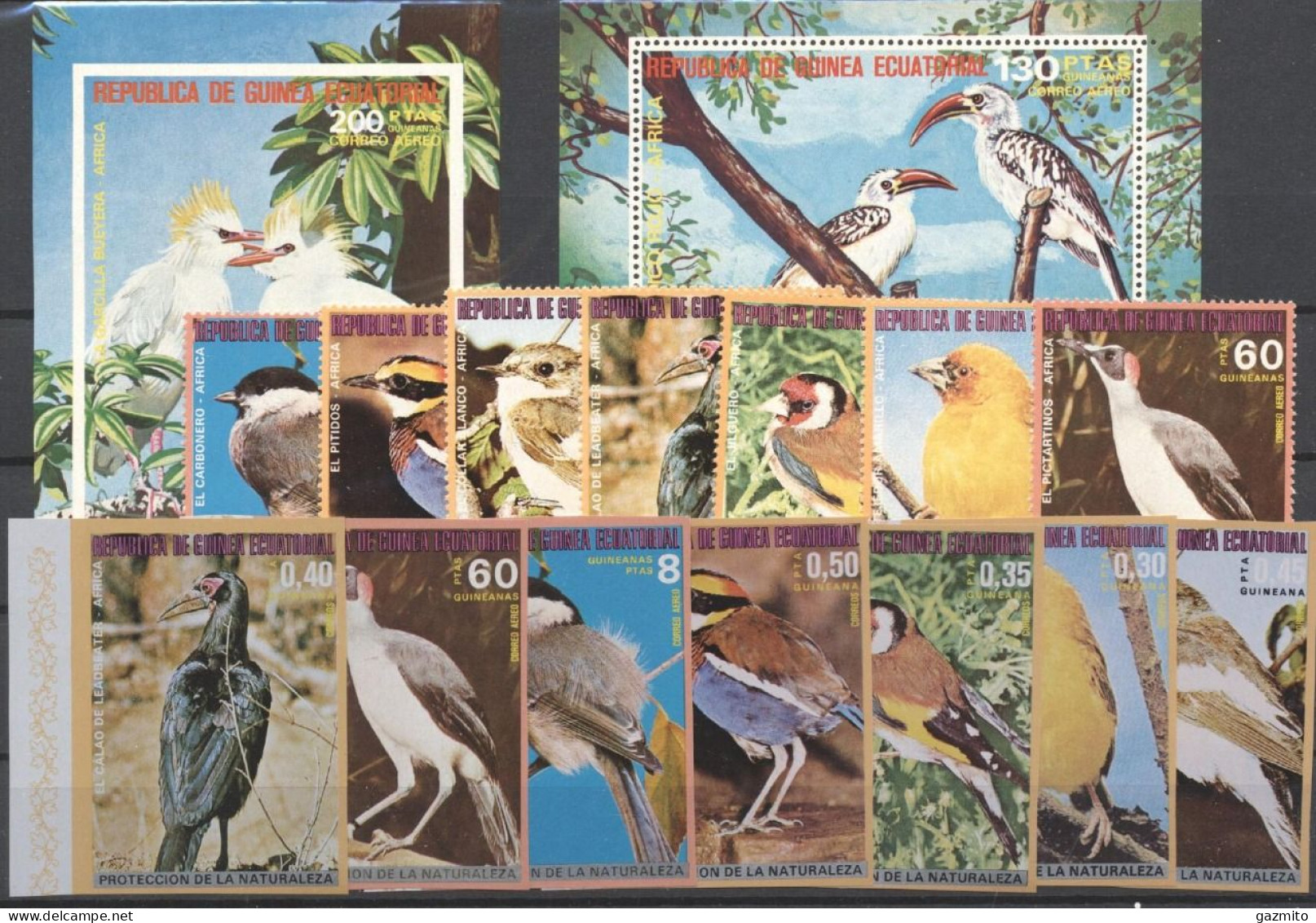 Guinea Equat. 1977, Birds, 7val+BF+ 7val +BF IMPERFORATED - Zangvogels