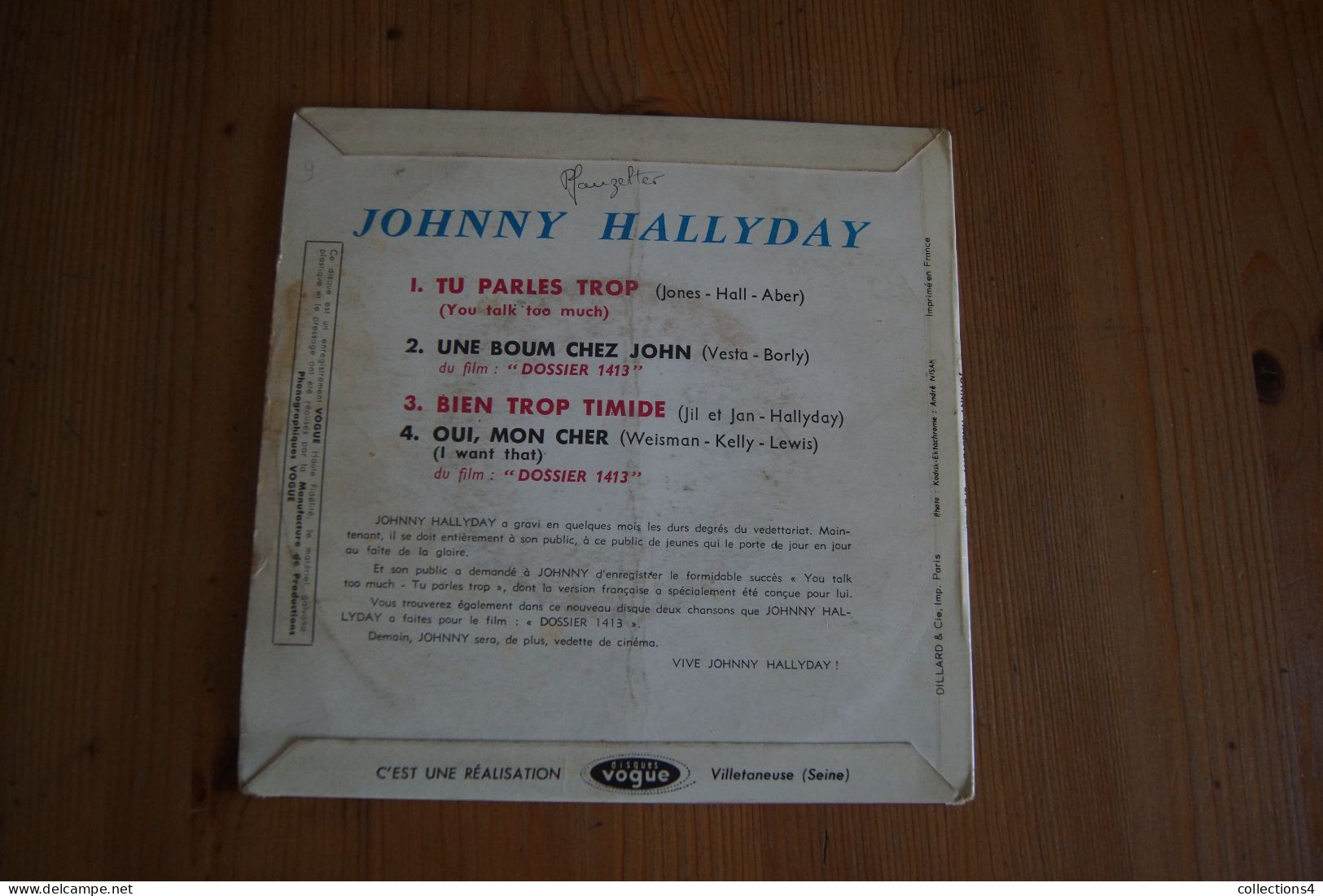 JOHNNY HALLYDAY TU PARLES TROP EP   1961 VARIANTE  VALEUR+ - 45 T - Maxi-Single