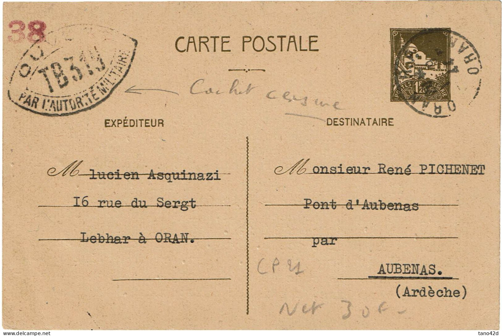 CTN85E - ALGERIE EP CP 1f20 ORAN / AUBENAS 1/9/1944 CENSURE TEXTE INTERESSANT - Gebruikt