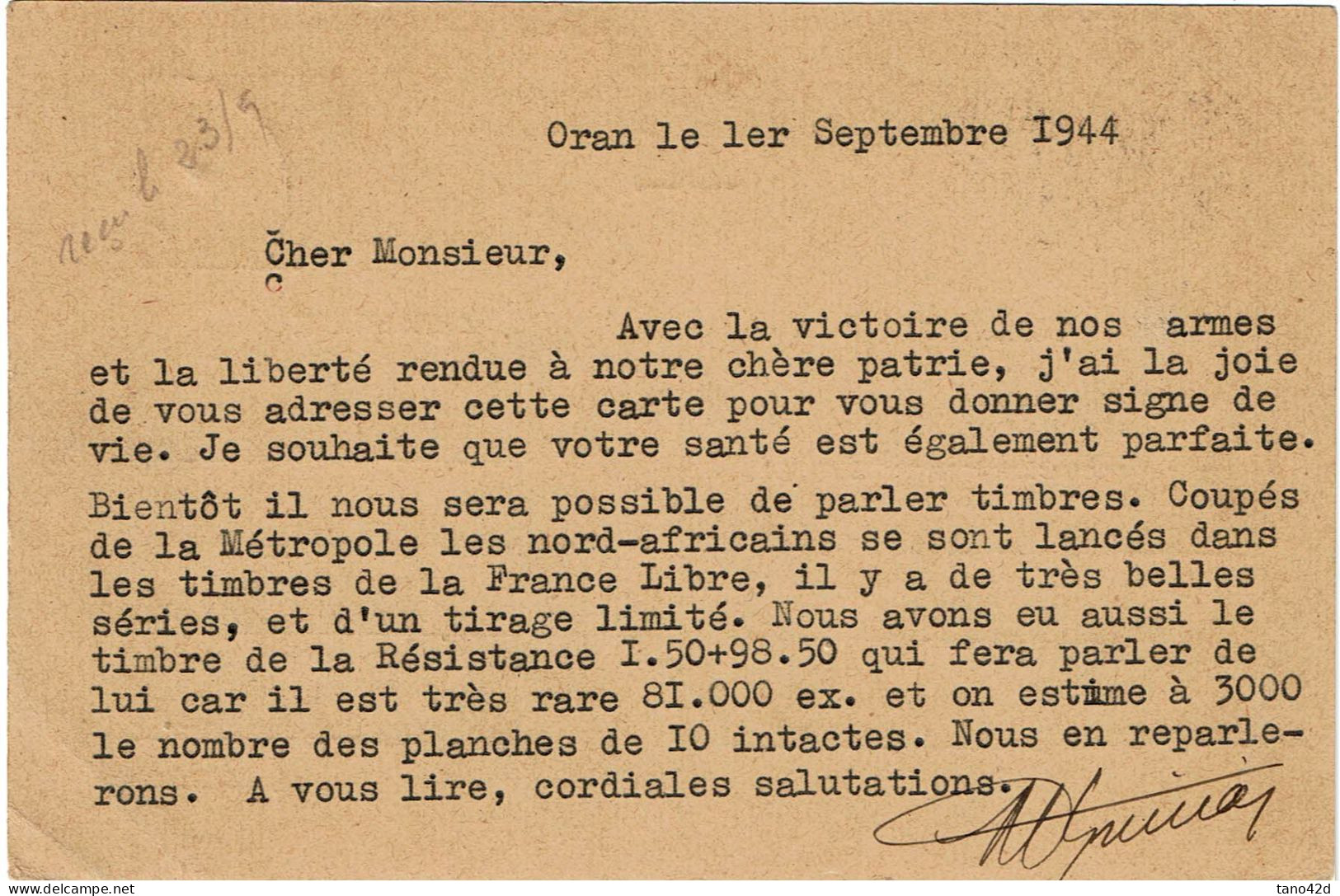 CTN85E - ALGERIE EP CP 1f20 ORAN / AUBENAS 1/9/1944 CENSURE TEXTE INTERESSANT - Usati