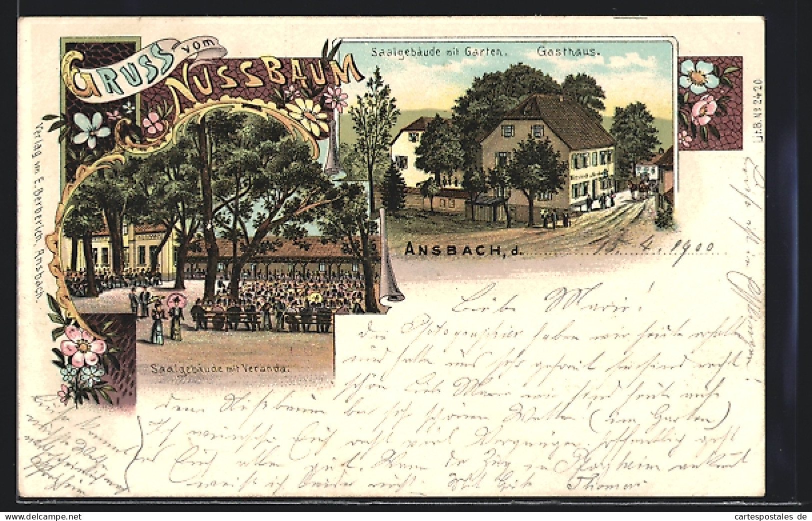 Lithographie Ansbach / Mfr., Gasthaus Nussbaum, Saalgebäude Mit Veranda Und Garten  - Ansbach