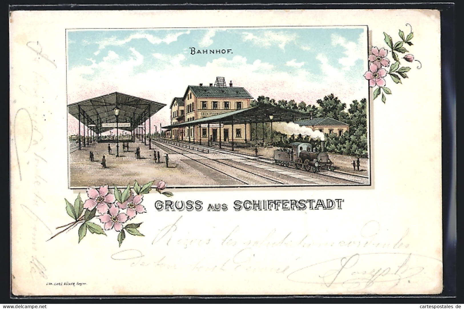 Lithographie Schifferstadt, Bahnhof Mit Eisenbahn  - Schifferstadt
