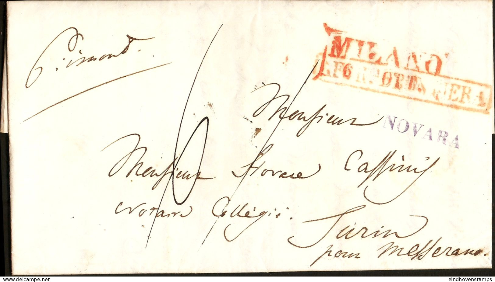 Italy 1843 Full Letter From Milano By Exchange Office At Novara (blue) And Torino To Messerano (Lombardy To Piedmonte) - 1. ...-1850 Prephilately