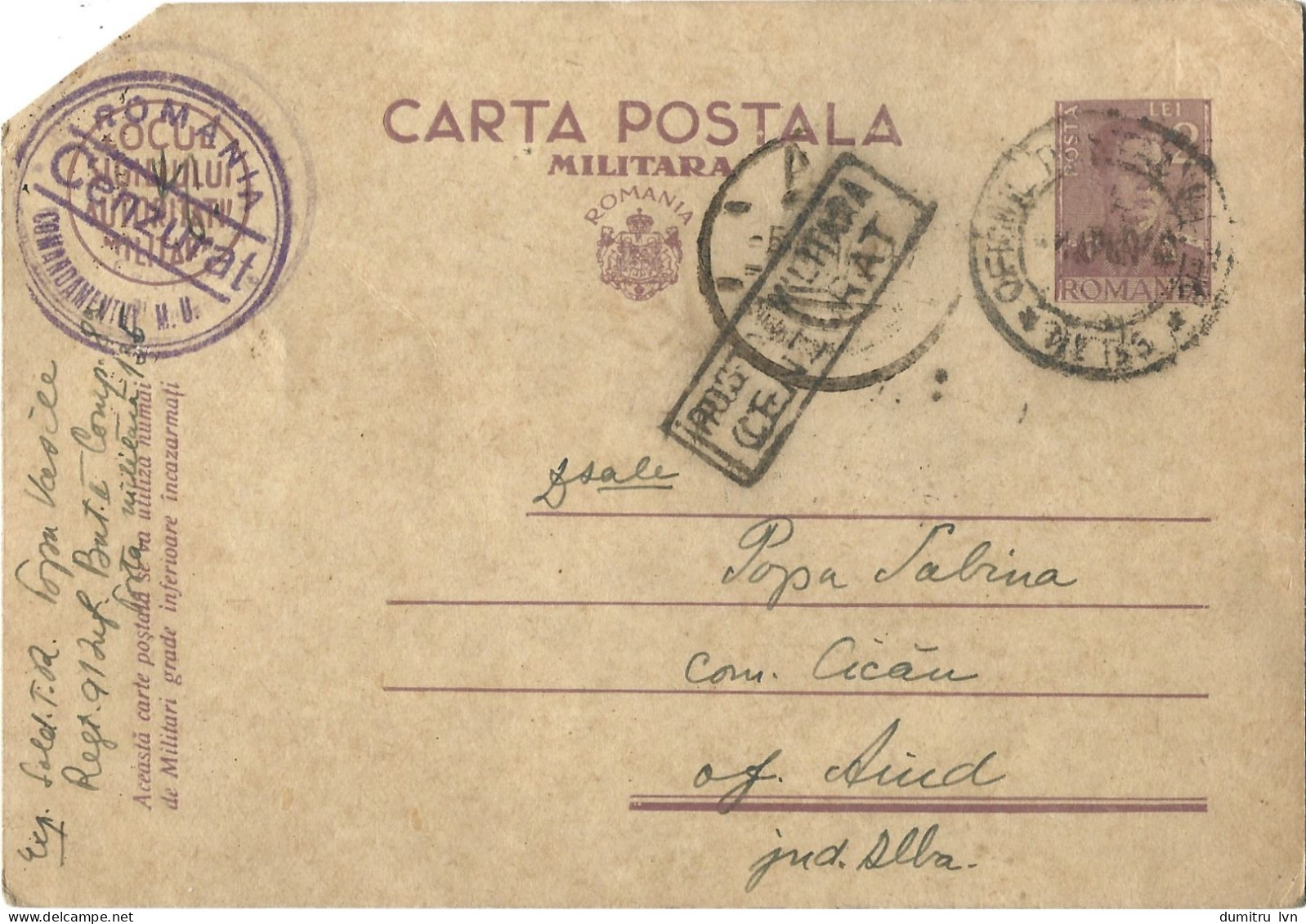 ROMANIA 1942 MILITARY POSTCARD, MILITARY CENSORED, OPM 135, POSTCARD STATIONERY - Cartas De La Segunda Guerra Mundial