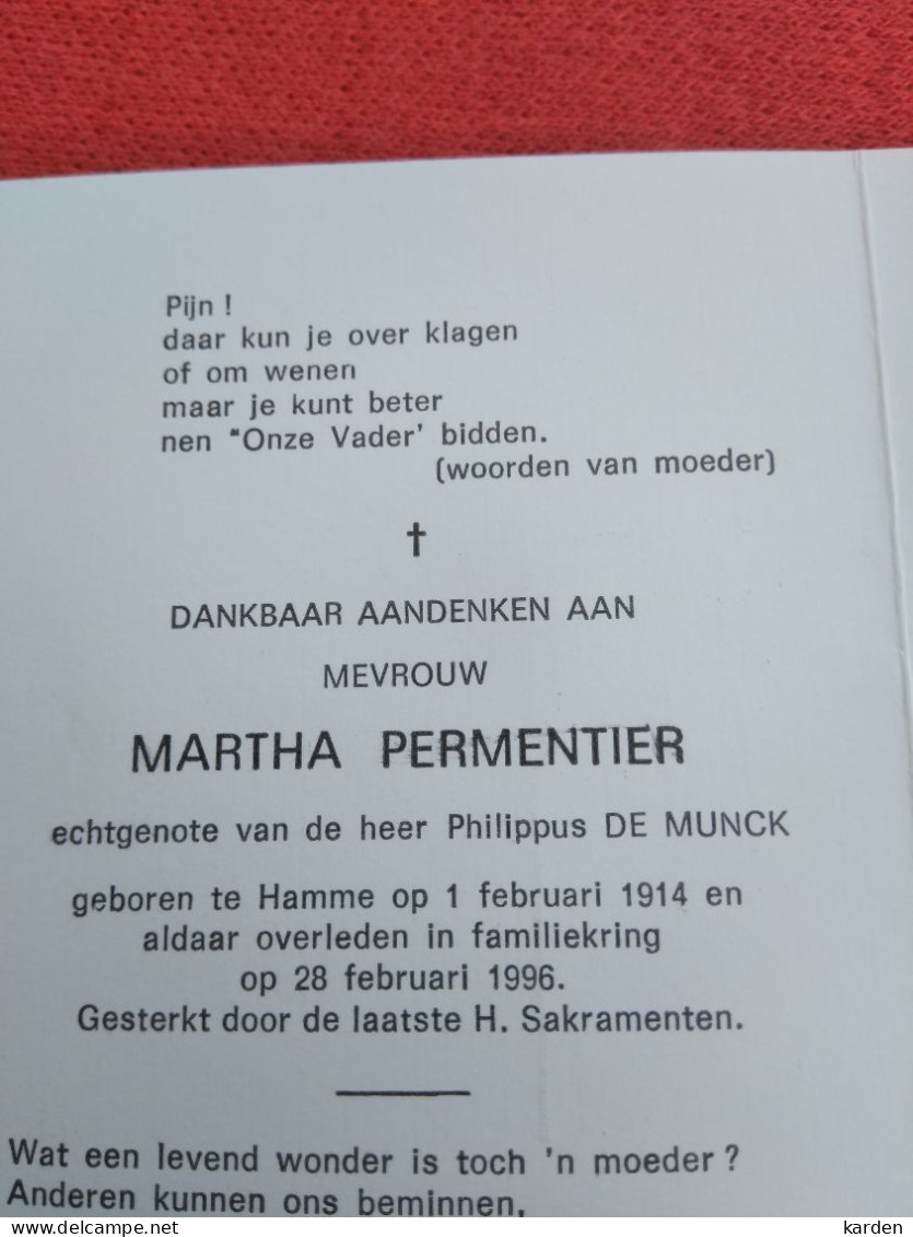 Doodsprentje Martha Permentier / Hamme 1/2/1914 - 28/2/1996 ( Philippus De Munck ) - Religión & Esoterismo