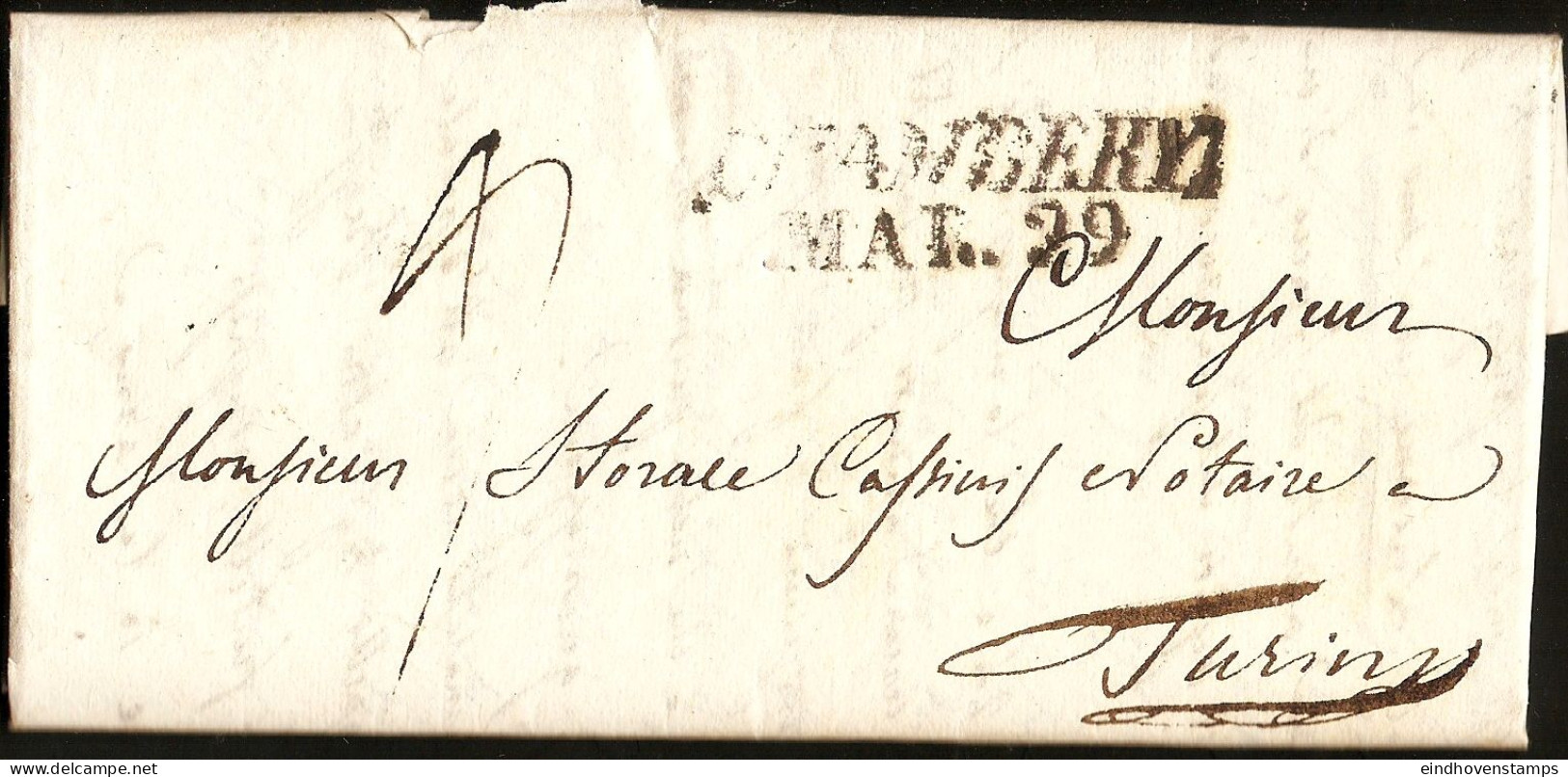 Italy 1834 Full Letter From French Chambery ( Italian Period) - 2-line Marking - To Torino - 1. ...-1850 Prephilately