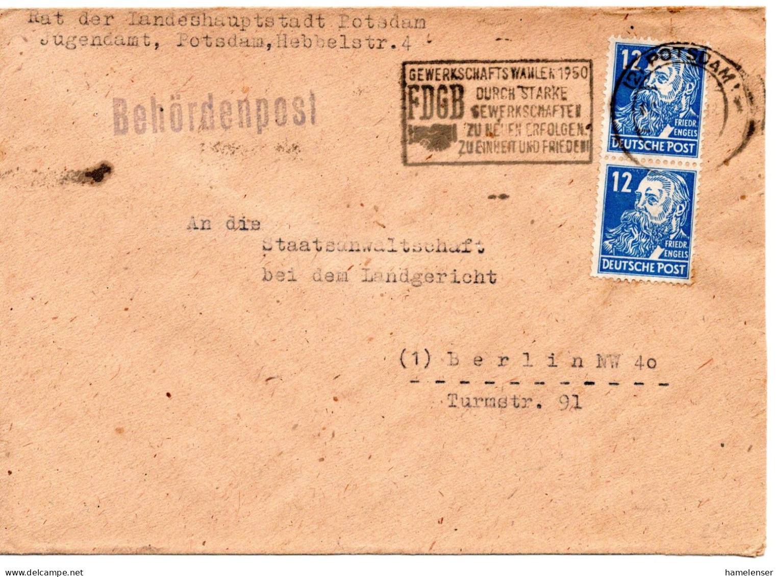 63930 - DDR - 1950 - 2@12Pfg Engels A Bf POTSDAM - GEWERKSCHAFTSWAHLEN 1950 FDGB ... -> Berlin - Covers & Documents