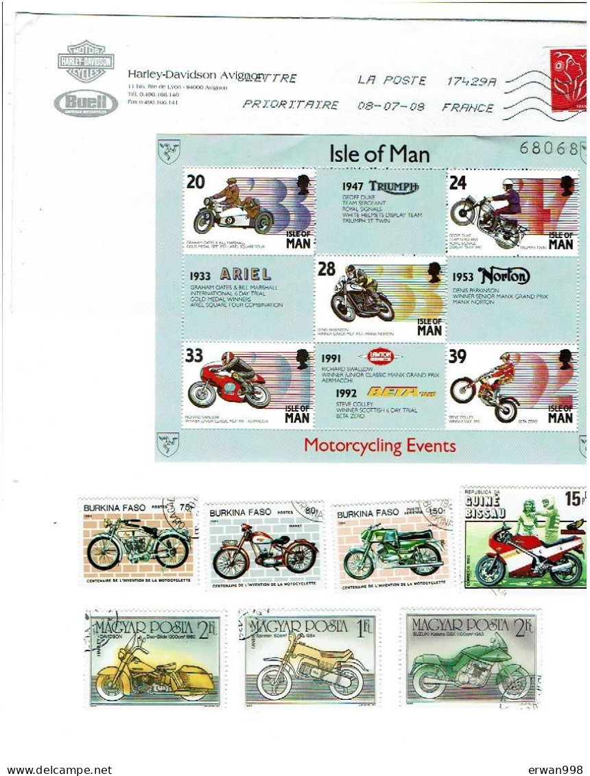 HONGRIE GUINEE-BISSAU -BURKINA-FASO ILE DE MAN Bloc Et 7 Timbres - FRANCE Enveloppe AVIGNON HARLEY-DAVIDSON 1077 - Motorbikes