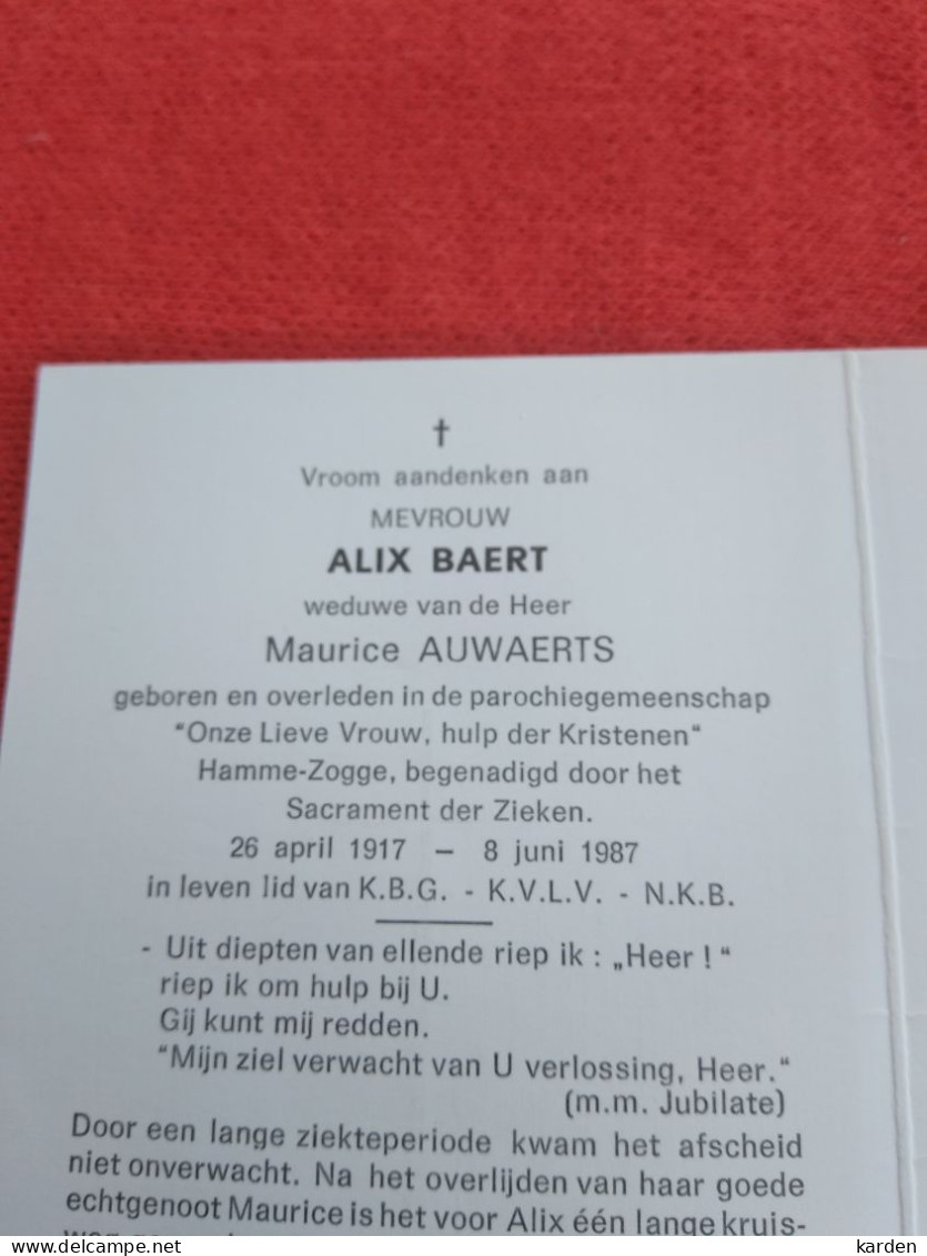 Doodsprentje Alix Baert / Hamme Zogge 26/4/1917 - 8/6/1987 ( Maurice Auwaerts ) - Religione & Esoterismo