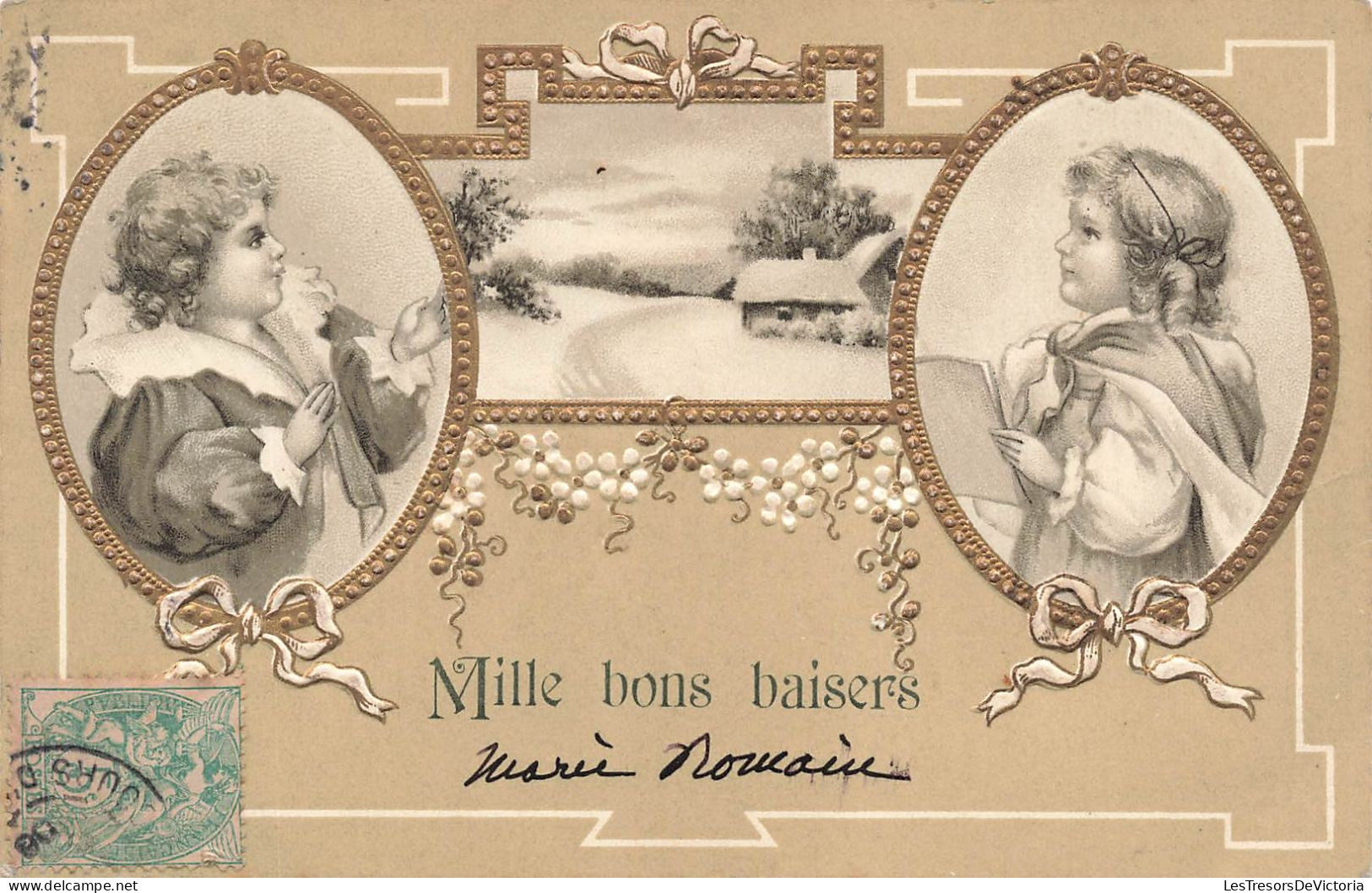 FANTAISIES - Mille Bons Baisers - Neige - Petit Garçon - Petite Fille - Carte Postale Ancienne - Autres & Non Classés