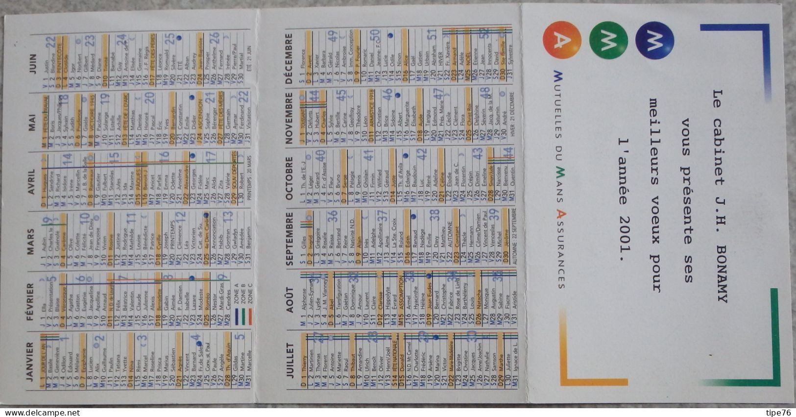 Petit Calendrier De Poche 2001 Assurances Les Mutuelles Du Mans Le Mans Sarthe - Formato Piccolo : 2001-...