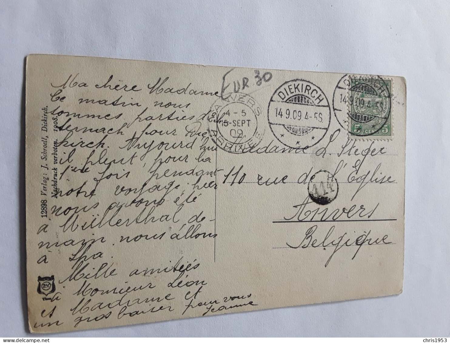 GEKLEURDE POSTKAART DIEKIRCH VERZONDEN NAAR ANVERS BELGIQUE 1909 - Diekirch