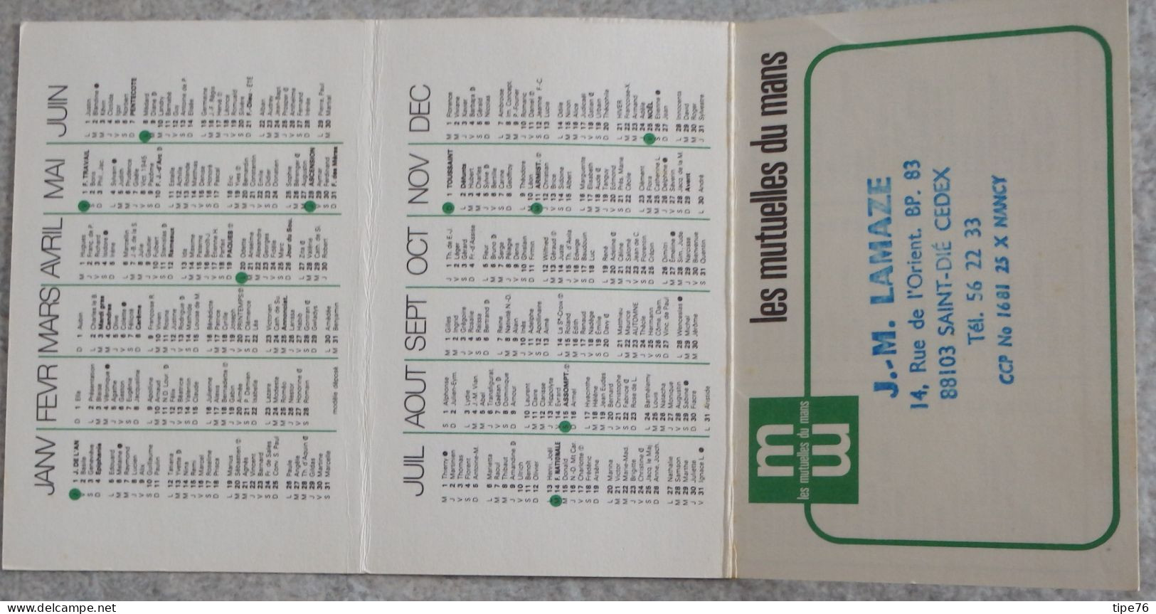 Petit Calendrier De Poche 1981 Assurances Les Mutuelles Du Mans Le Mans Sarthe - Agent Saint St Dié Vosges - Klein Formaat: 1981-90