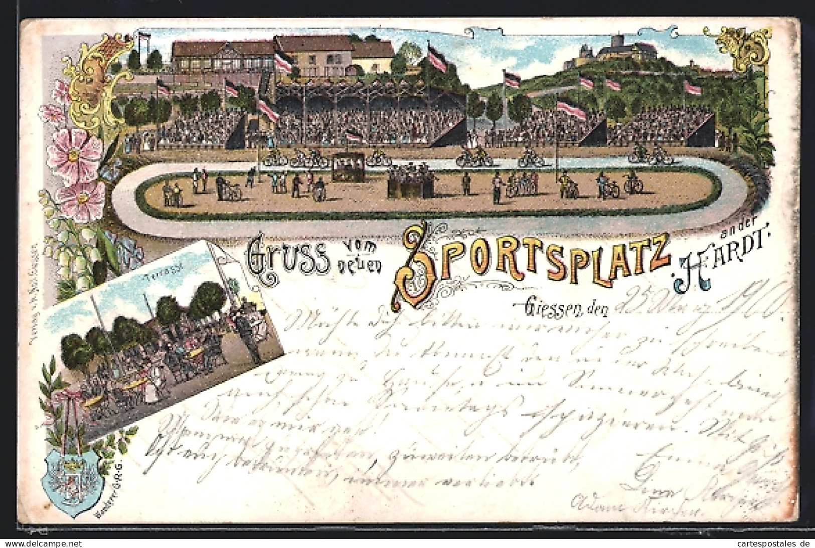 Lithographie Giessen, Sportplatz An Der Hardt, Cafe-Terrasse, Velodrom  - Giessen