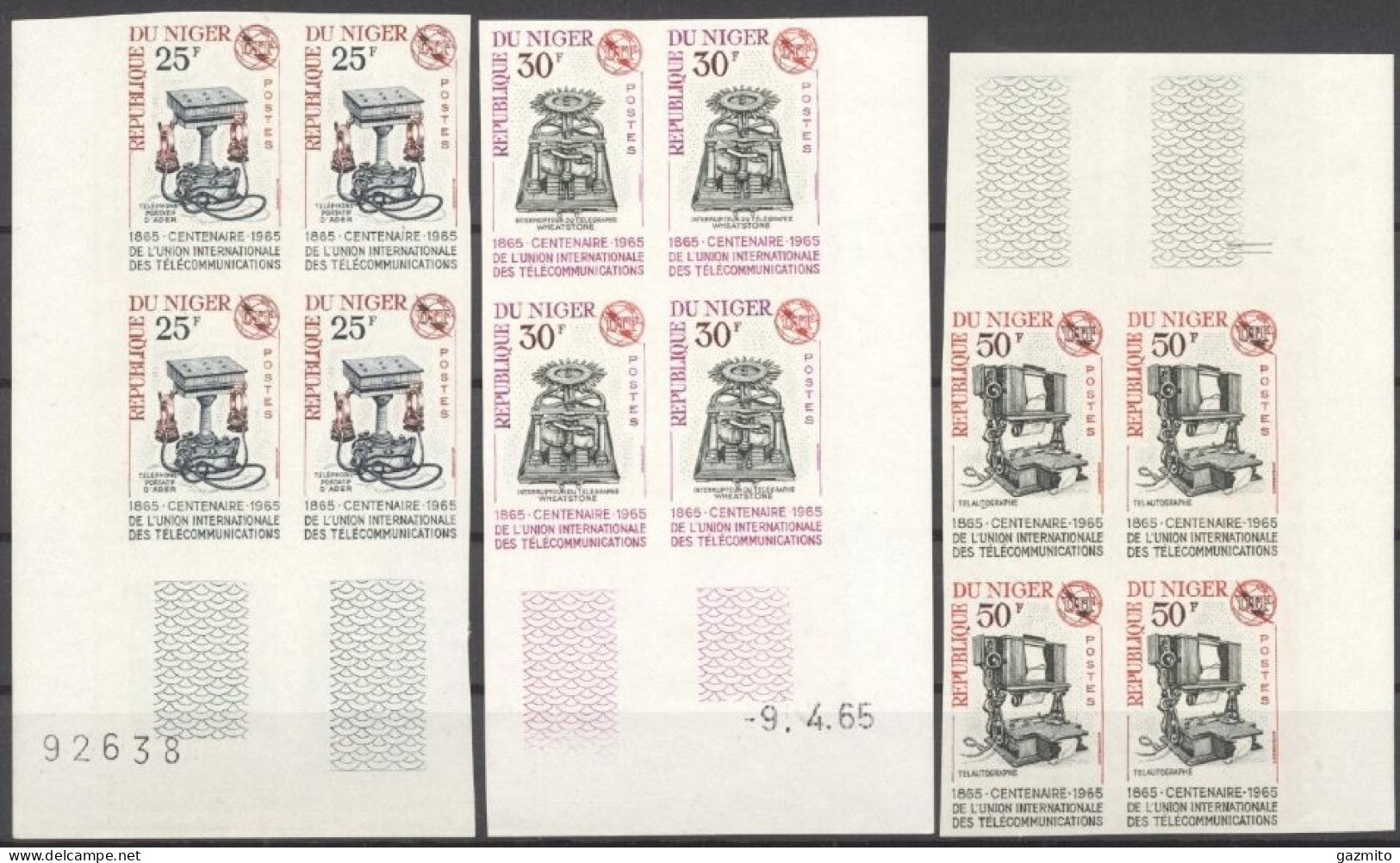 Niger 1965, 100th ITU, Telegraph, 3val X4 IMPERFORATED - Télécom