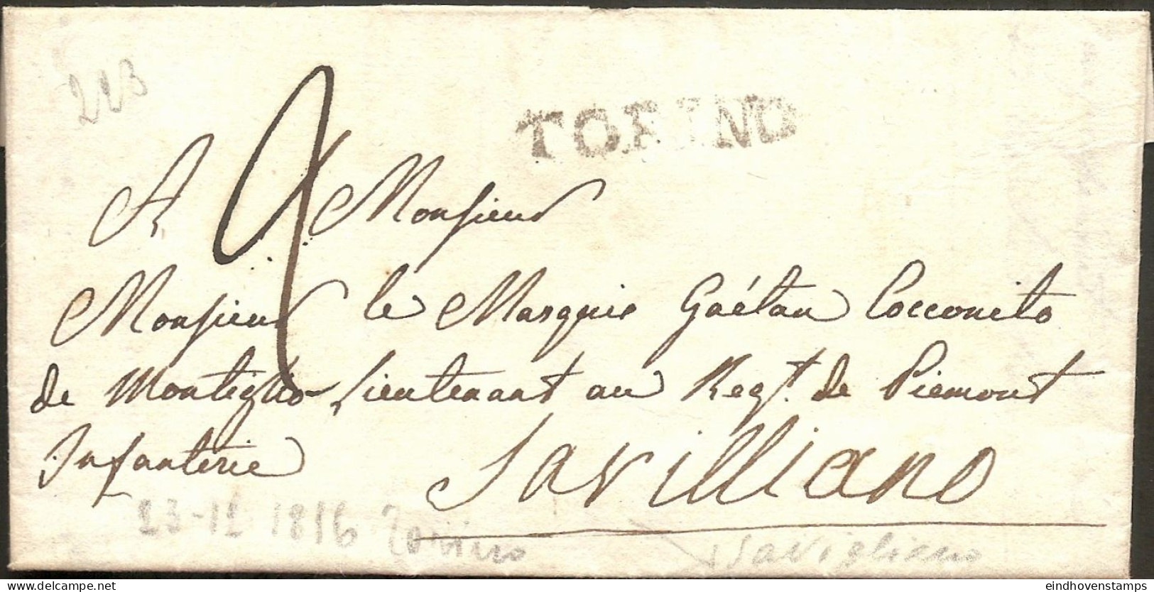 Italy 1816 Turin Full Letter With Line Marking Torino To Savilliano - 1. ...-1850 Prephilately