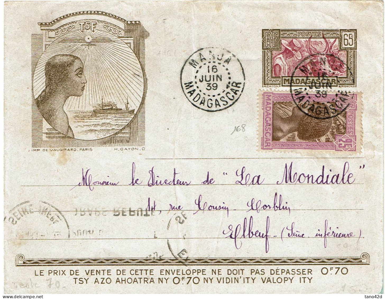 CTN85E - MADAGASCAR ENVELOPPE N°21 MANOA / ELBEUF 16/6/1939 - Storia Postale