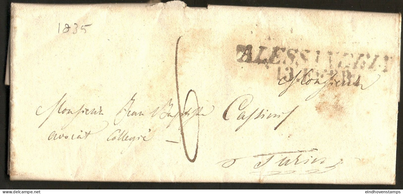 Italy 1835 Alesssandria 2-line Marking - Full Letter To Torino - ...-1850 Préphilatélie