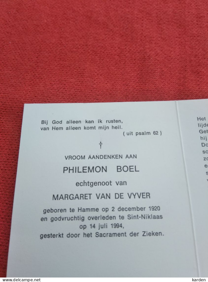 Doodsprentje Philemon Boel / Hamme 2/12/1920 Sint Niklaas 14/7/1994 ( Margaret Van De Vyver ) - Religion &  Esoterik