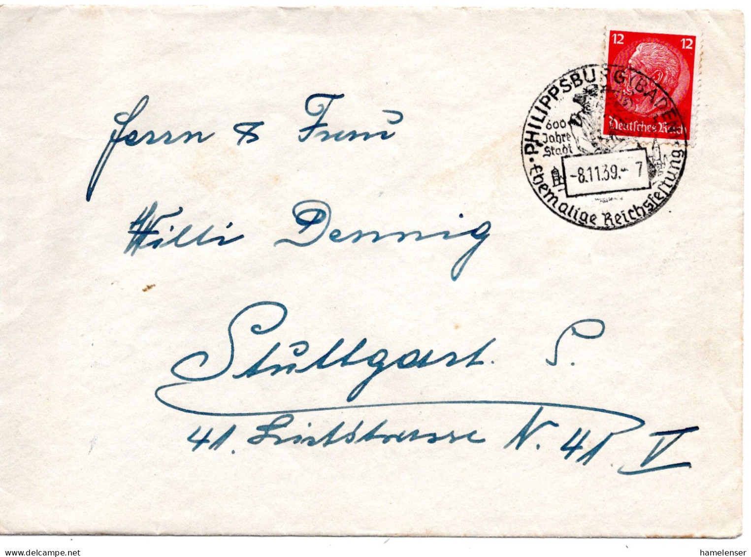 63935 - Deutsches Reich - 1939 - 12Pfg Hindenburg EF A Bf PHILIPPSBURG - 600 JAHRE STADT ... -> Stuttgart - Covers & Documents