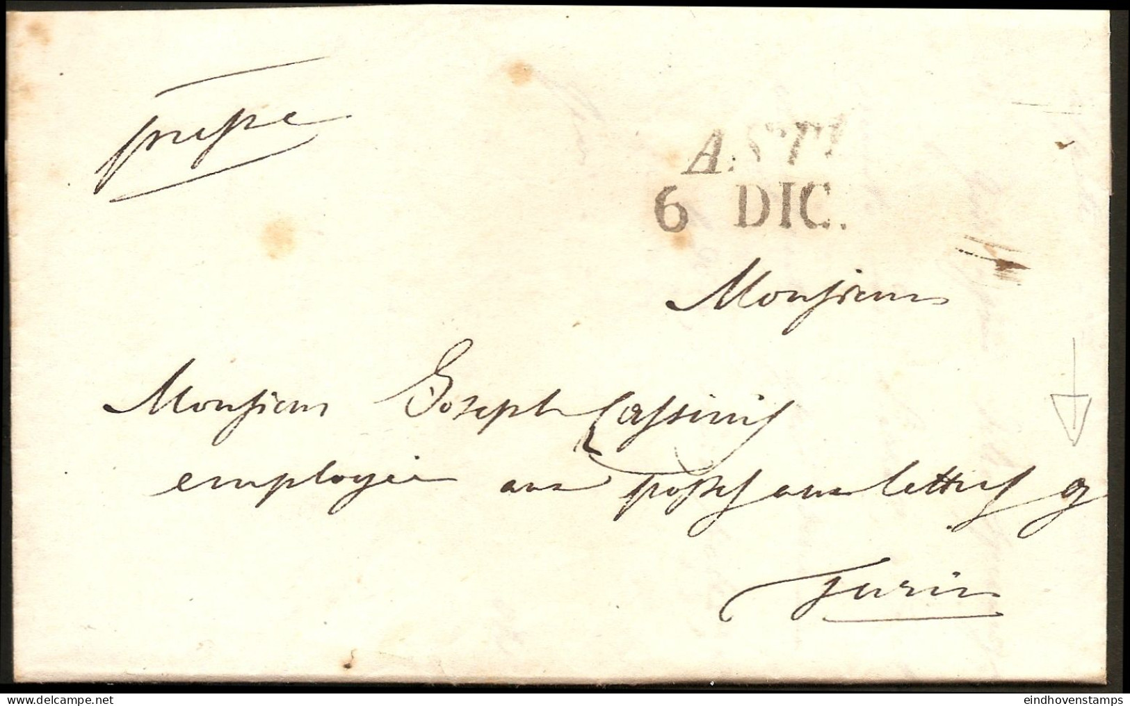 Italy 1843 Asti 2-line Marking - Full Letter To Torino - ...-1850 Voorfilatelie