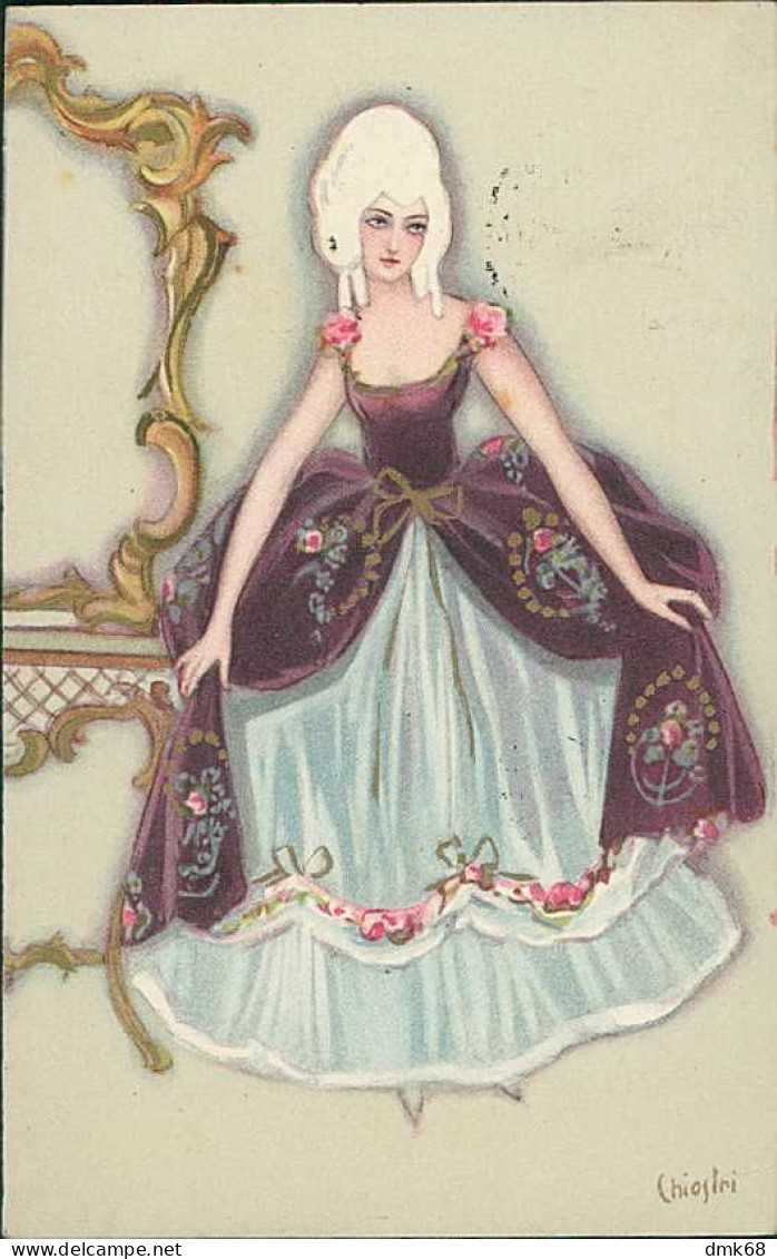 CHIOSTRI SIGNED 1920s POSTCARD - WOMAN WITH LARGE DRESS - EDIT BALLERINI & FRATINI - N.214 (5601) - Chiostri, Carlo