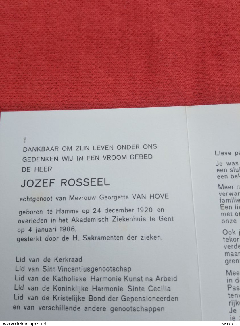 Doodsprentje Jozef Rosseel / Hamme 24/12/1920 Gent 4/1/1986 ( Georgette Van Hove ) - Religion & Esotérisme