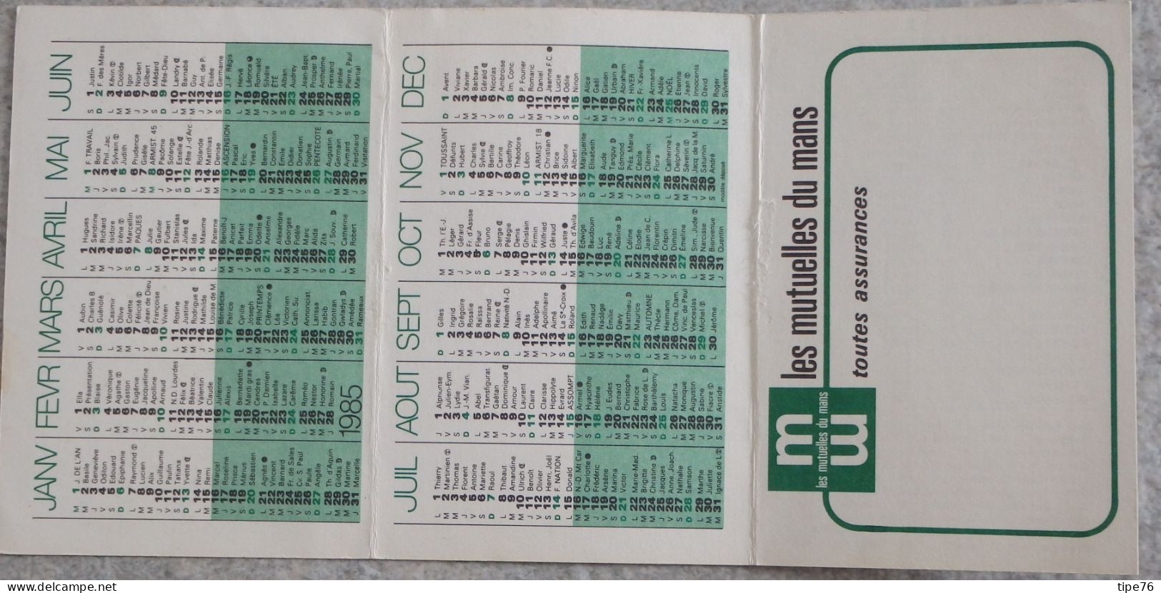 Petit Calendrier Poche 1985 Assurances Les Mutuelles Du Mans Le Mans Sarthe - - Formato Piccolo : 1981-90