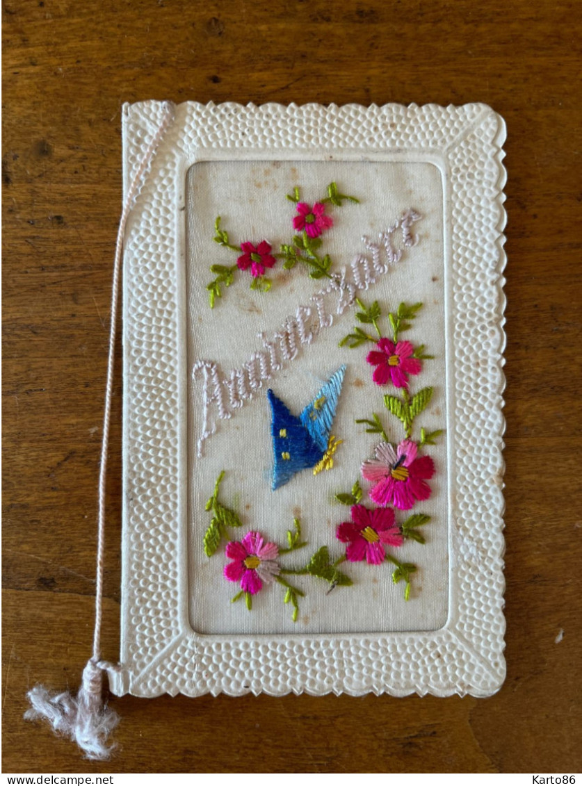 Anniversaire * CPA Fantaisie Ancienne Brodée * Papillon Butterfly Fleurs Flowers - Embroidered