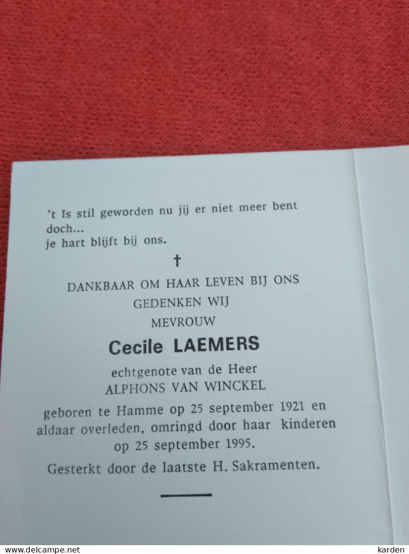 Doodsprentje Cecile Laemers / Hamme 25/9/1921 - 25/9/1995 ( Alphons Van Winckel ) - Religión & Esoterismo