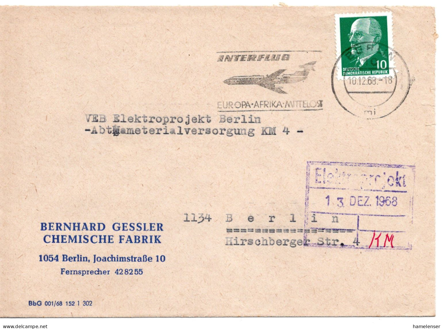 63944 - DDR - 1968 - 10Pfg Ulbricht EF A OrtsBf BERLIN - INTERFLUG EUROPA AFRIKA MITTELOST - Airplanes