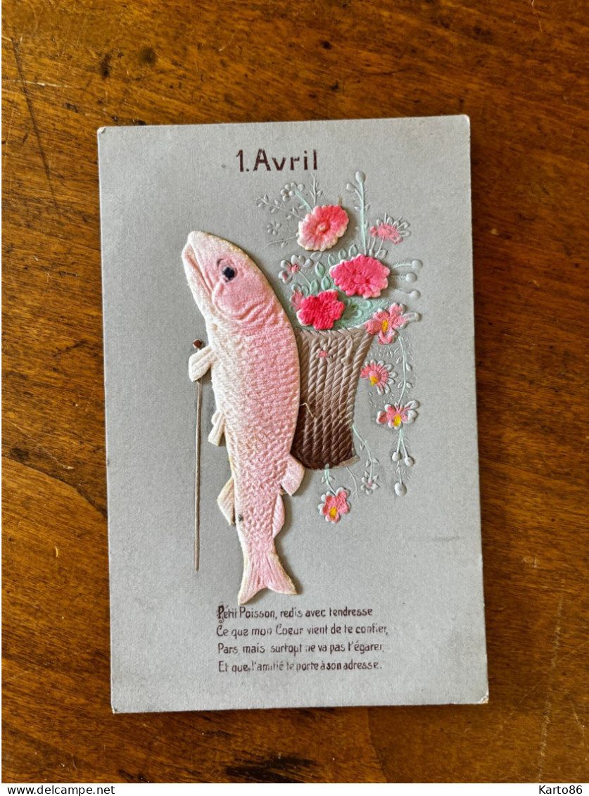 1er Avril Poisson D'avril * CPA Illustrateur Gaufrée Embossed RELIEF * Poisson Humanisé Canne Fleurs Flowers * 1ER AVRIL - Erster April