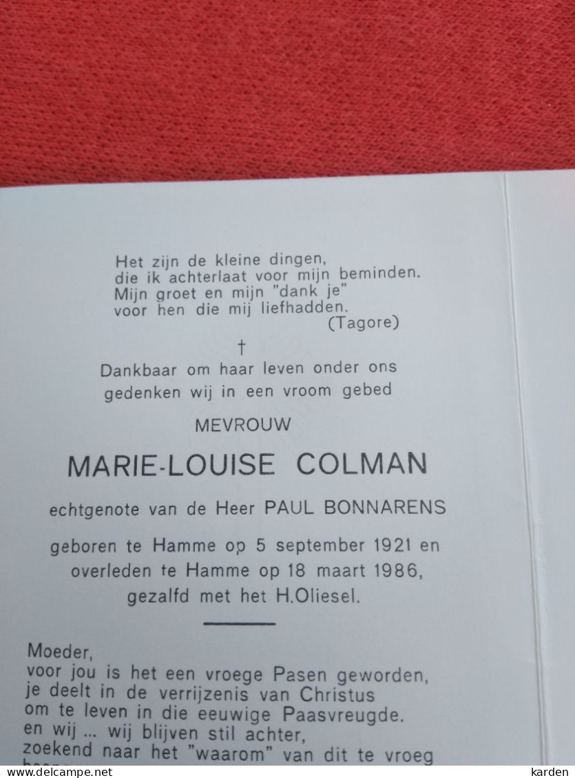 Doodsprentje Marie Louise Colman / Hamme 5/9/1921 - 18/3/1986 ( Paul Bonnarens ) - Religion & Esotérisme