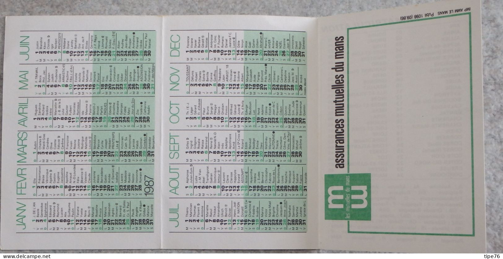 Petit Calendrier Poche 1987 Assurances Les Mutuelles Du Mans Le Mans Sarthe - - Klein Formaat: 1981-90