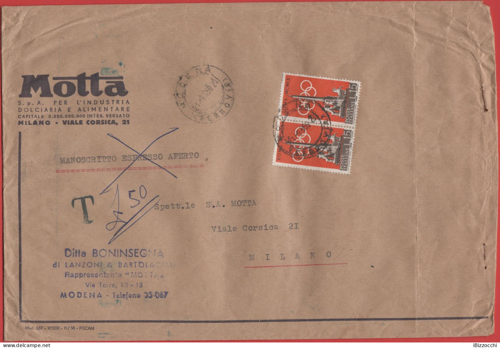 ITALIA - Storia Postale Repubblica - 1959 - 2x 15 Preolimpica, Olimpiadi Di Roma Del 1960; Fontana Dei Dioscuri Al Quiri - 1946-60: Marcophilia