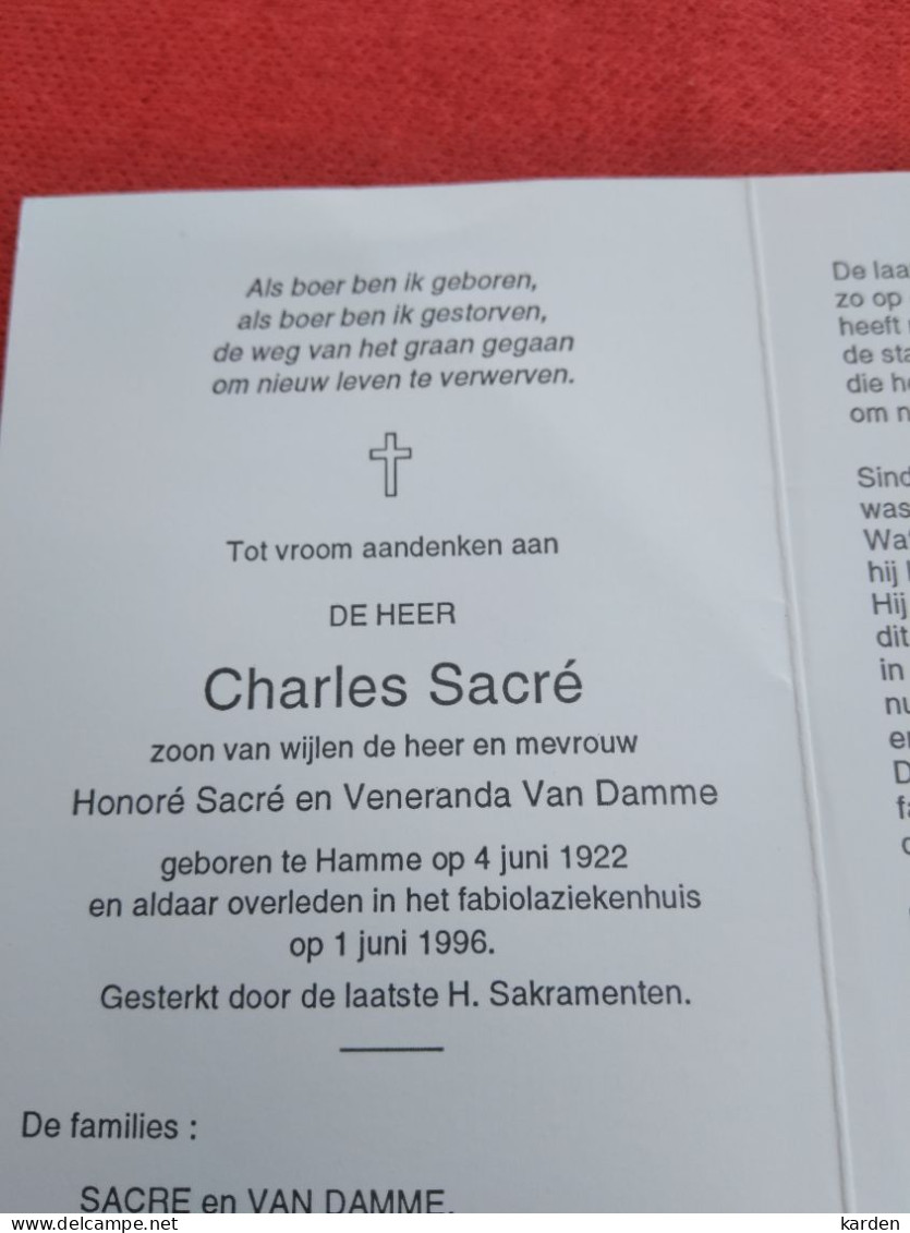 Doodsprentje Charles Sacré / Hamme 4/6/1922 - 1/6/1996 ( Z.v. Honoré Sacré En Veneranda Van Damme ) - Religión & Esoterismo