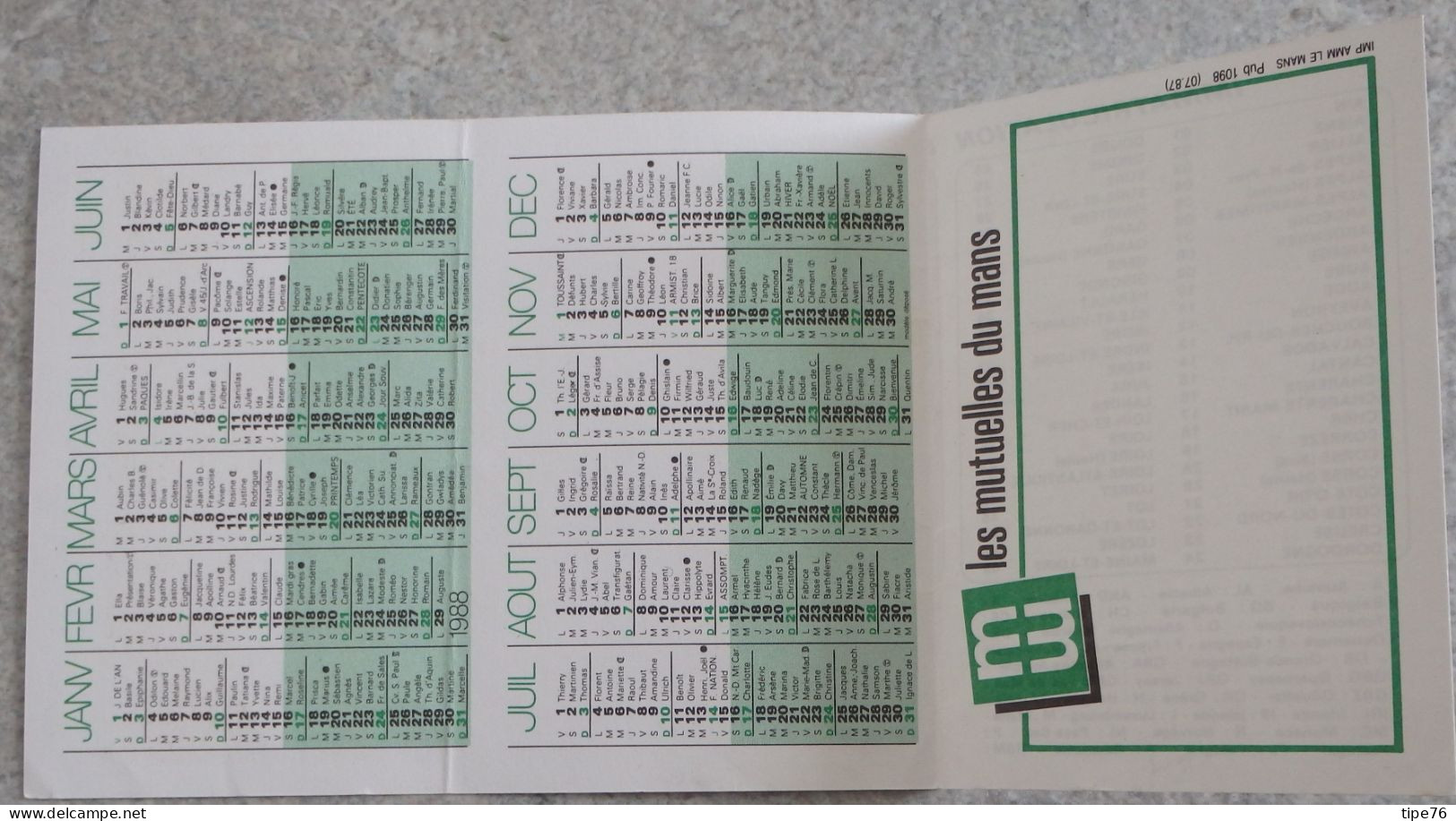 Petit Calendrier Poche 1988 Assurances Les Mutuelles Du Mans Le Mans Sarthe - - Kleinformat : 1981-90