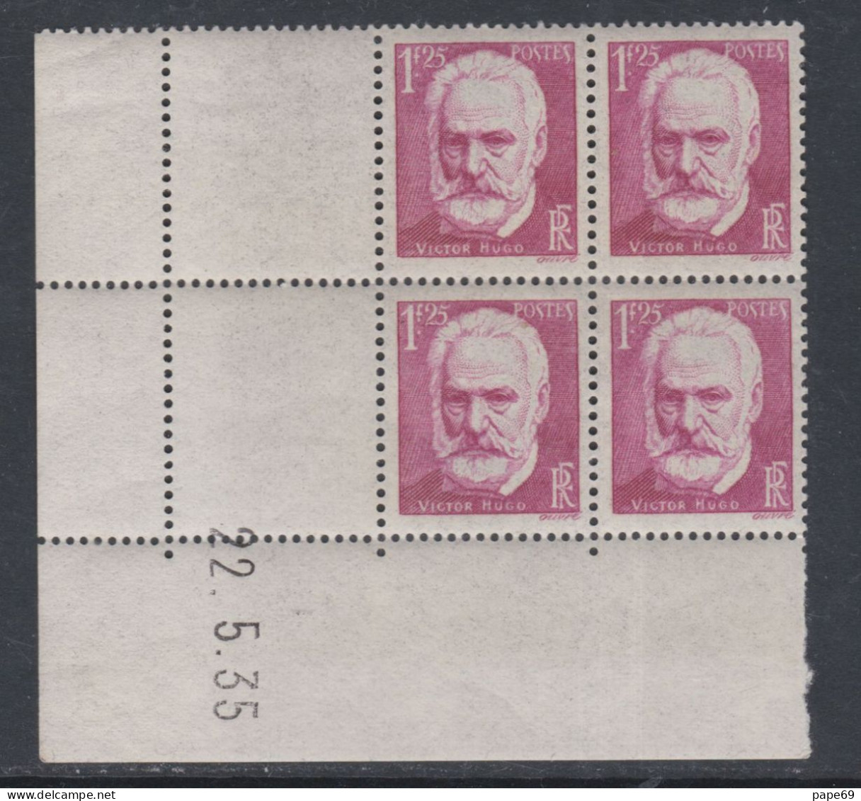 France N° 304 XX Cinquantenaire Mort De Victor Hugo En Boc De 4 Coin Daté Du  22 . 5 . 35, Sans Charnière , TB - 1930-1939