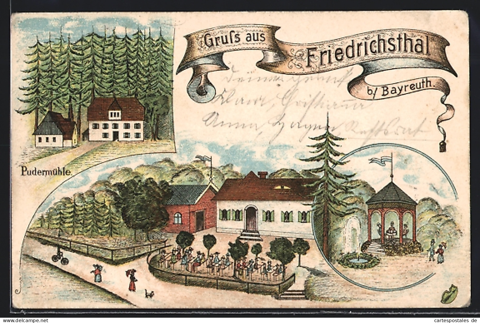 Lithographie Friedrichsthal B. Bayreuth, Pudermühle, Gasthaus, Pavillon  - Bayreuth