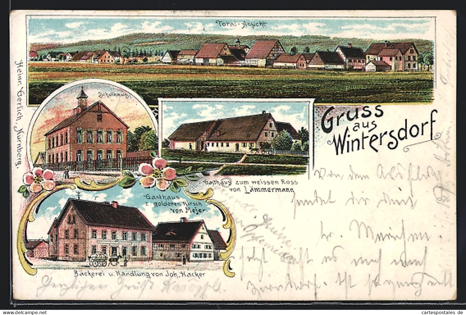 Lithographie Wintersdorf / Zirndorf, Totalansicht, Schule, Gasthaus Zum Goldenen Hirsch  - Zirndorf