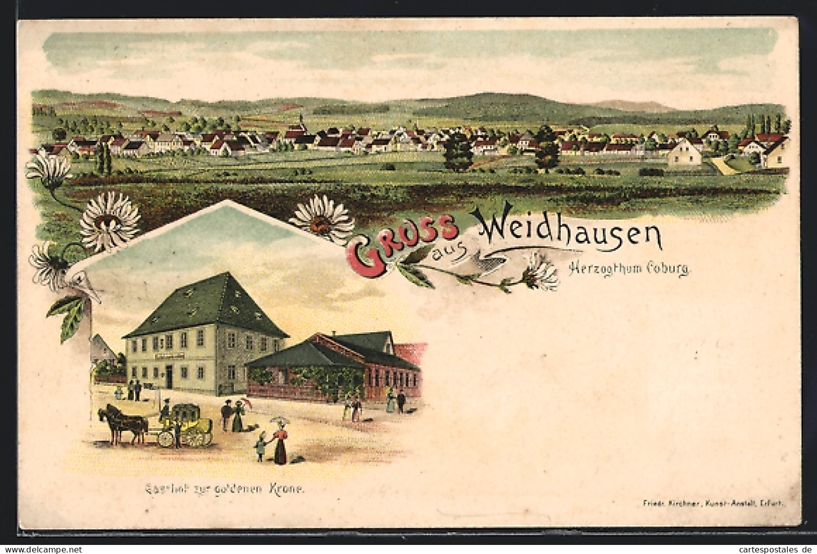 Lithographie Weidhausen /Coburg, Gasthof Zur Goldenen Krone, Panorama  - Coburg