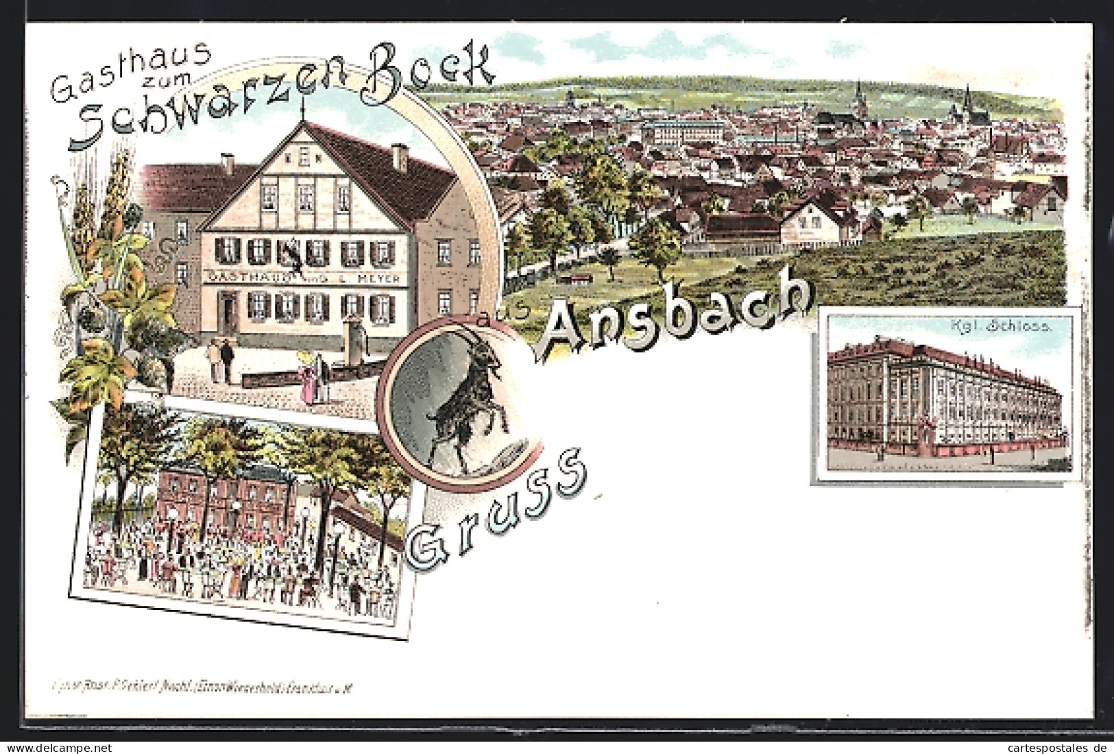 Lithographie Ansbach, Gasthaus Zum Schwarzen Bock, Kgl. Schloss  - Ansbach